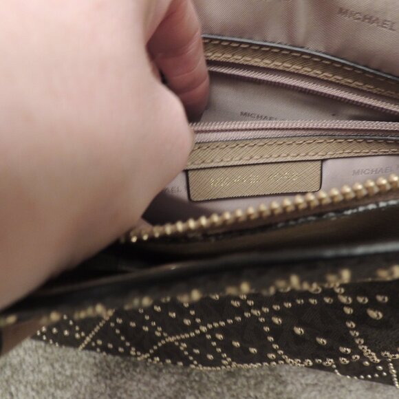 Michael Kors Studded Signature Tote Satchel Crossbody Brown Tan Logo Bag - Picture 10 of 11